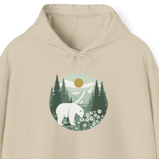Beige hoodie with a graphic of a bear and trees on a white background