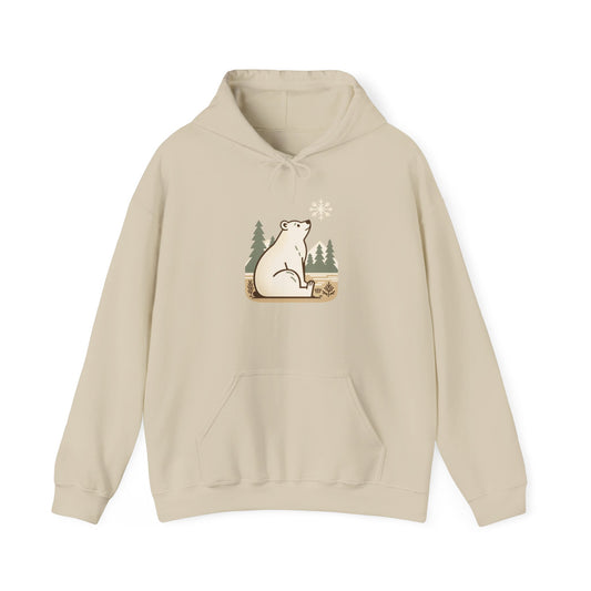 Beige hoodie with a polar bear graphic on a white background