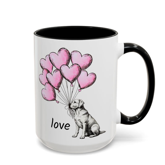 Mug with a Labrador dog holding pink heart balloons and the word 'love' on a white background