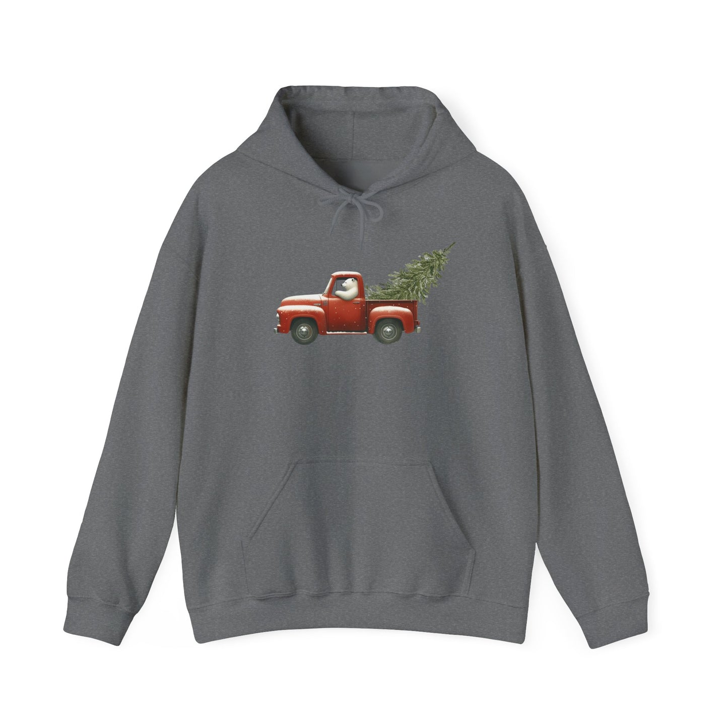 Snowy Christmas Ride, Polar Bear Red Truck Design Heavyweight Hoodie