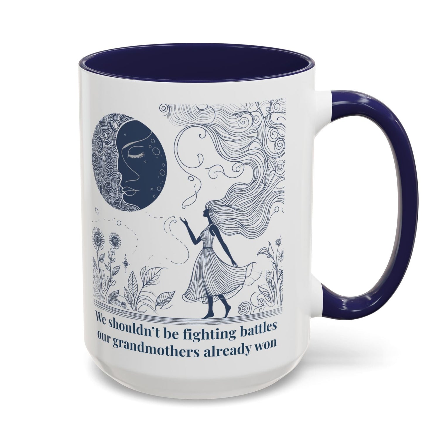 Mug with blue interior and handle, featuring a design and text on a white background