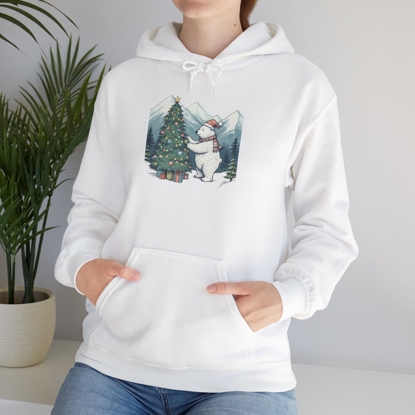 Polar Christmas Mountains Hoodie, Cozy Bear Holiday Scene
