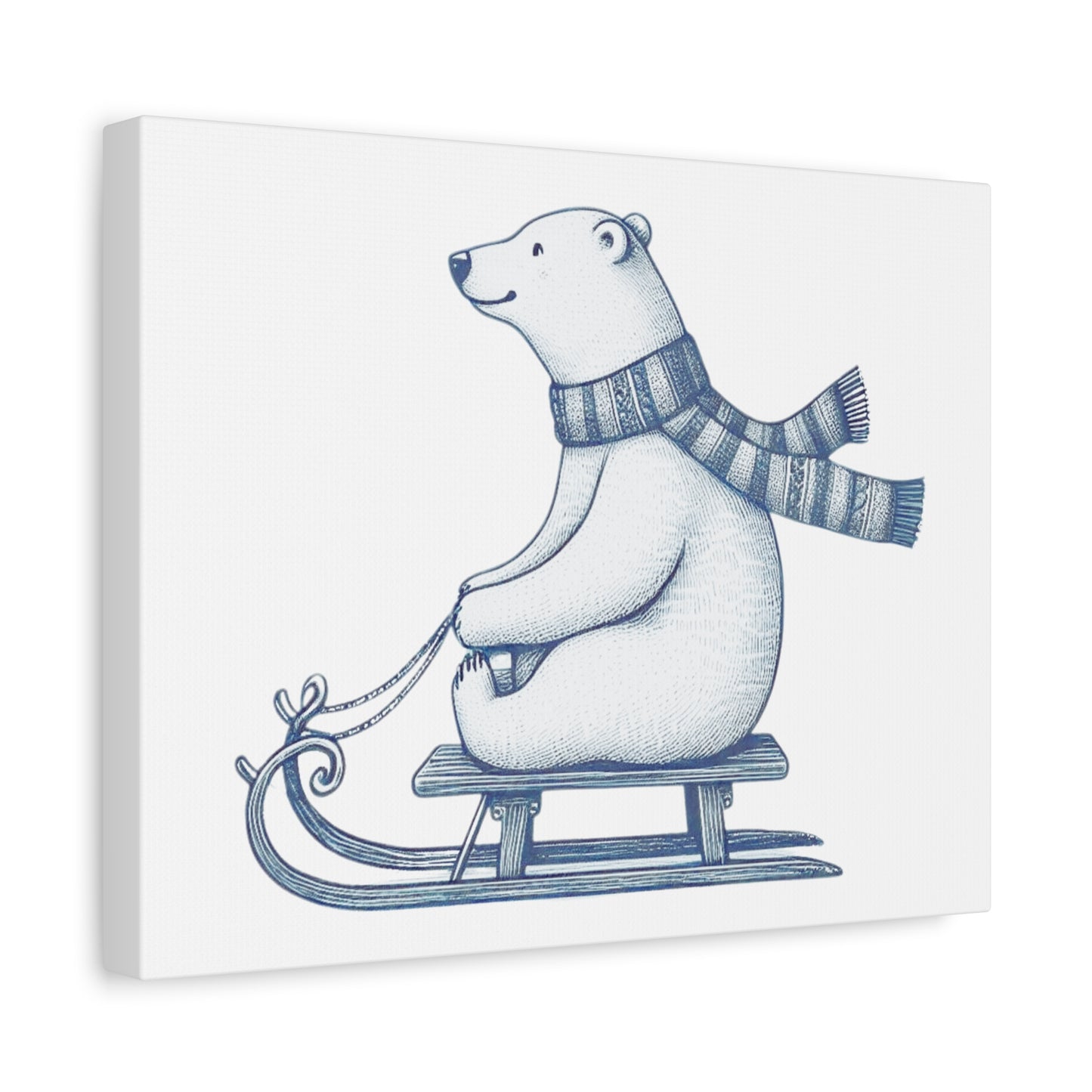 Polar Bear on Sled, Cozy Winter Wall Art, Nordic Christmas Canvas