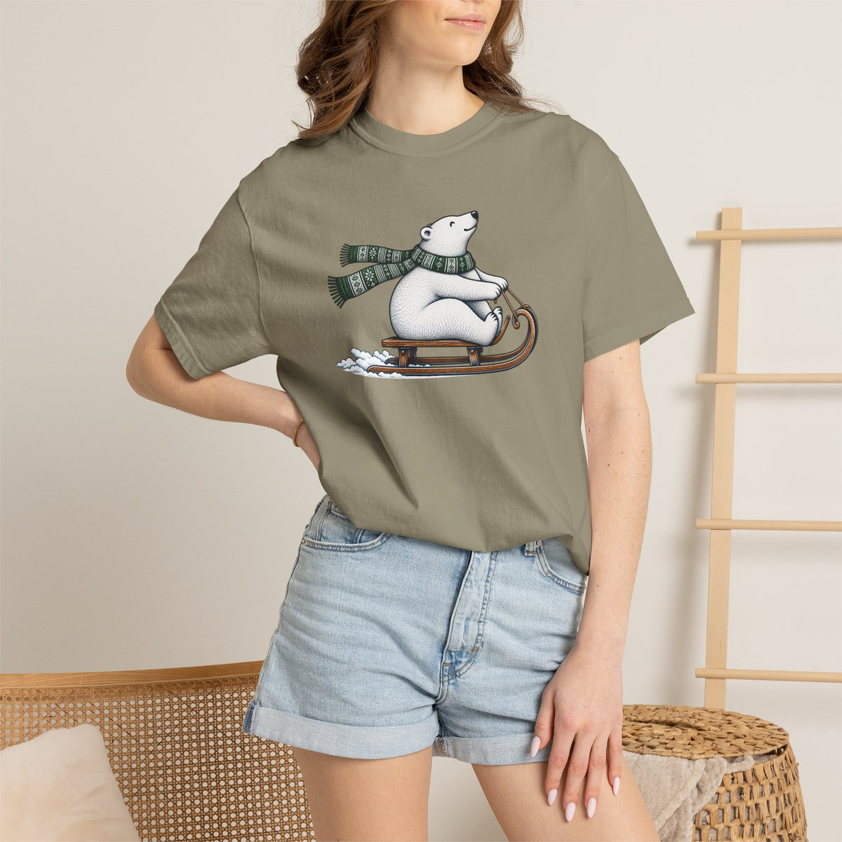 Sledding Polar Bear Comfort Colors Tee | Cozy Winter Bear Shirt
