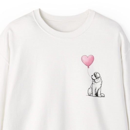 White sweatshirt with a Saint Bernard dog and heart balloon design on a white background