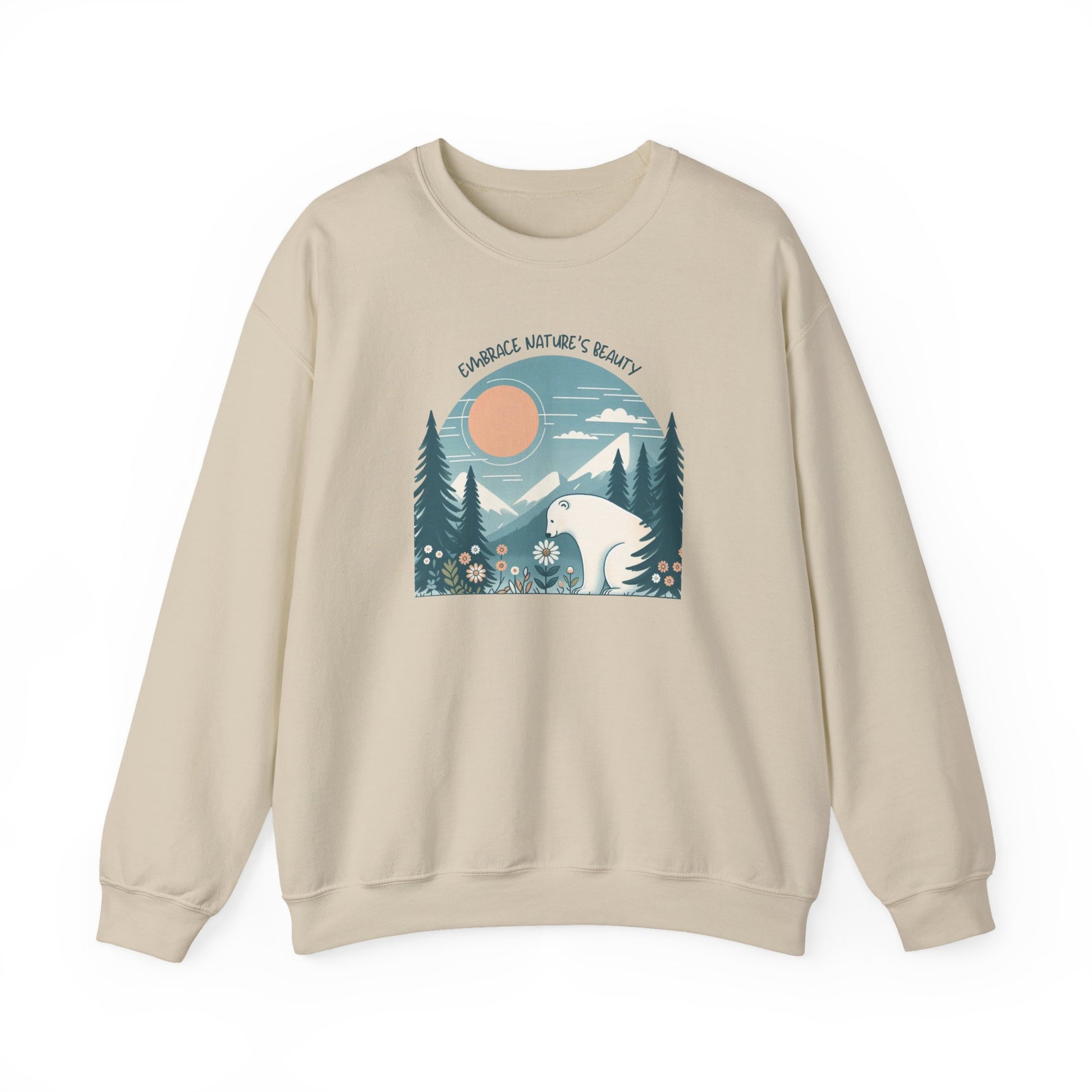 Sand sweatshirt with nature-inspired polar bear design, wildflowers and mountains.