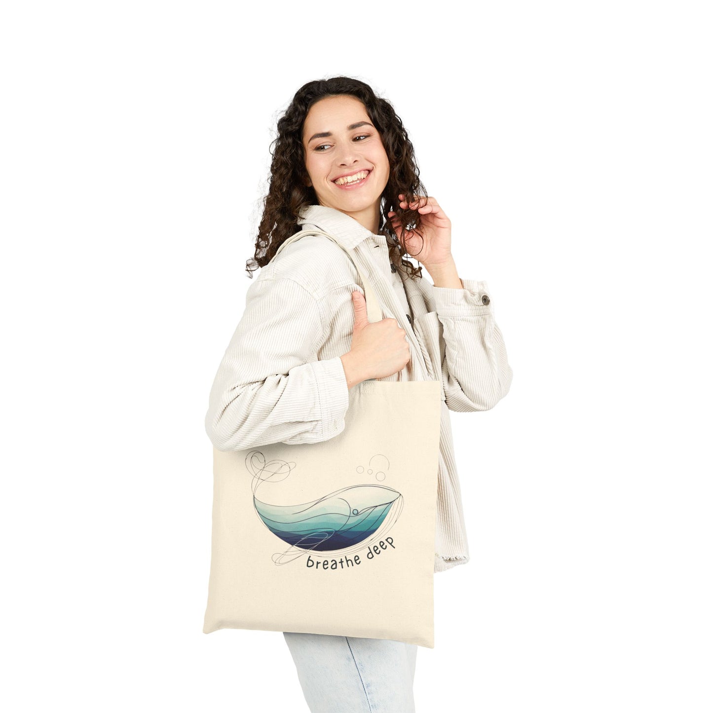Breathe Deep Whale Tote Bag, Ocean Inspired Eco-Friendly Reusable Shopping Bag, Mindful Living Beach Tote