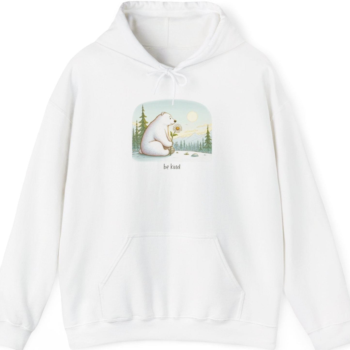 White hoodie with a graphic of a polar bear holding a plant on a white background