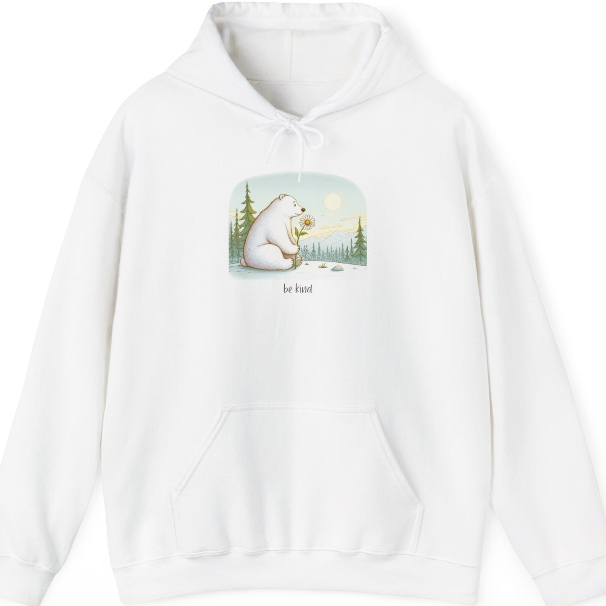 White hoodie with a graphic of a polar bear holding a plant on a white background