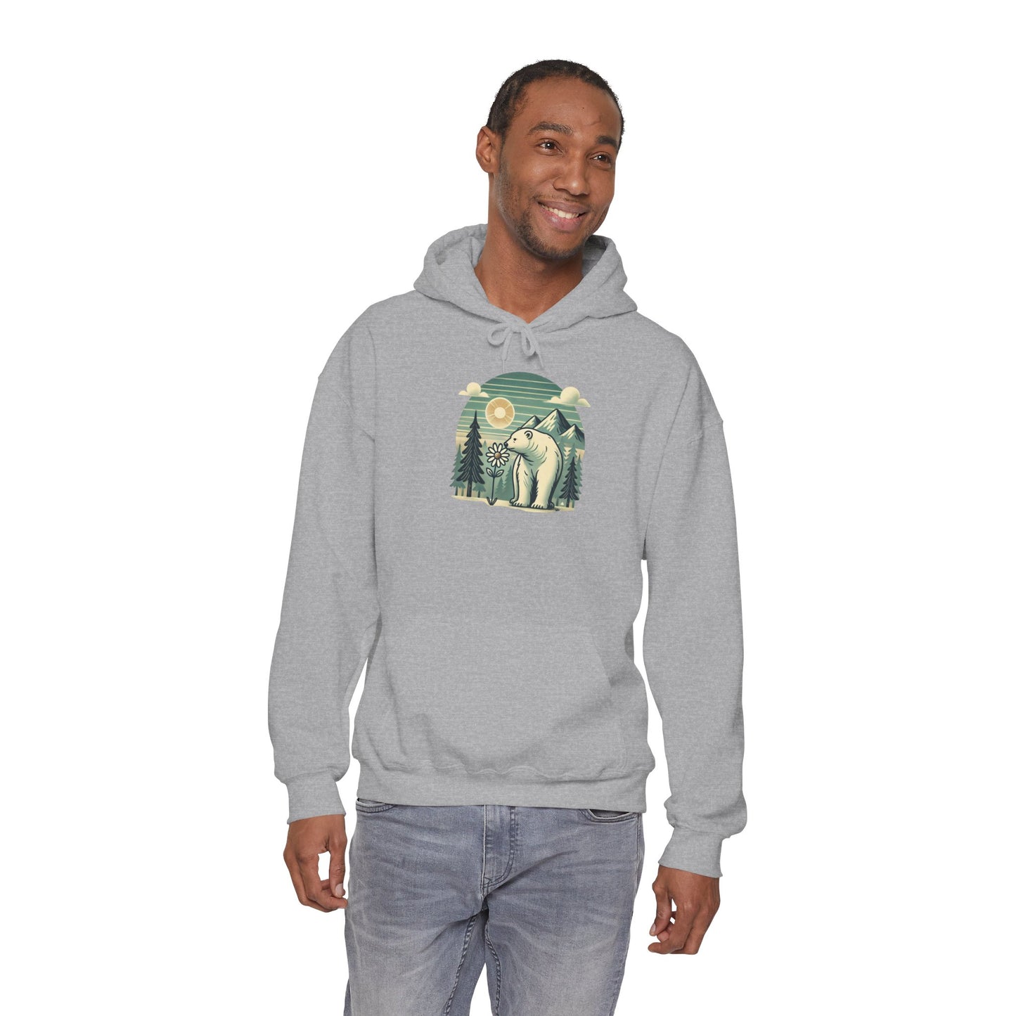 Peaceful Wild Polar Bear Hoodie, Mountain Nature Graphic Heavyweight Sweatshirt