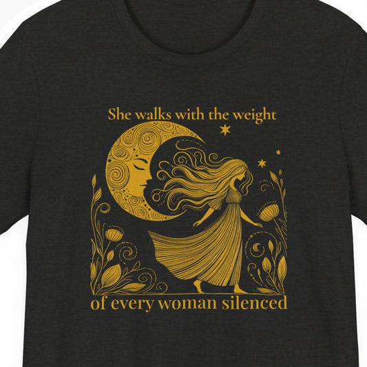 Black t-shirt with gold graphic and text on a white background