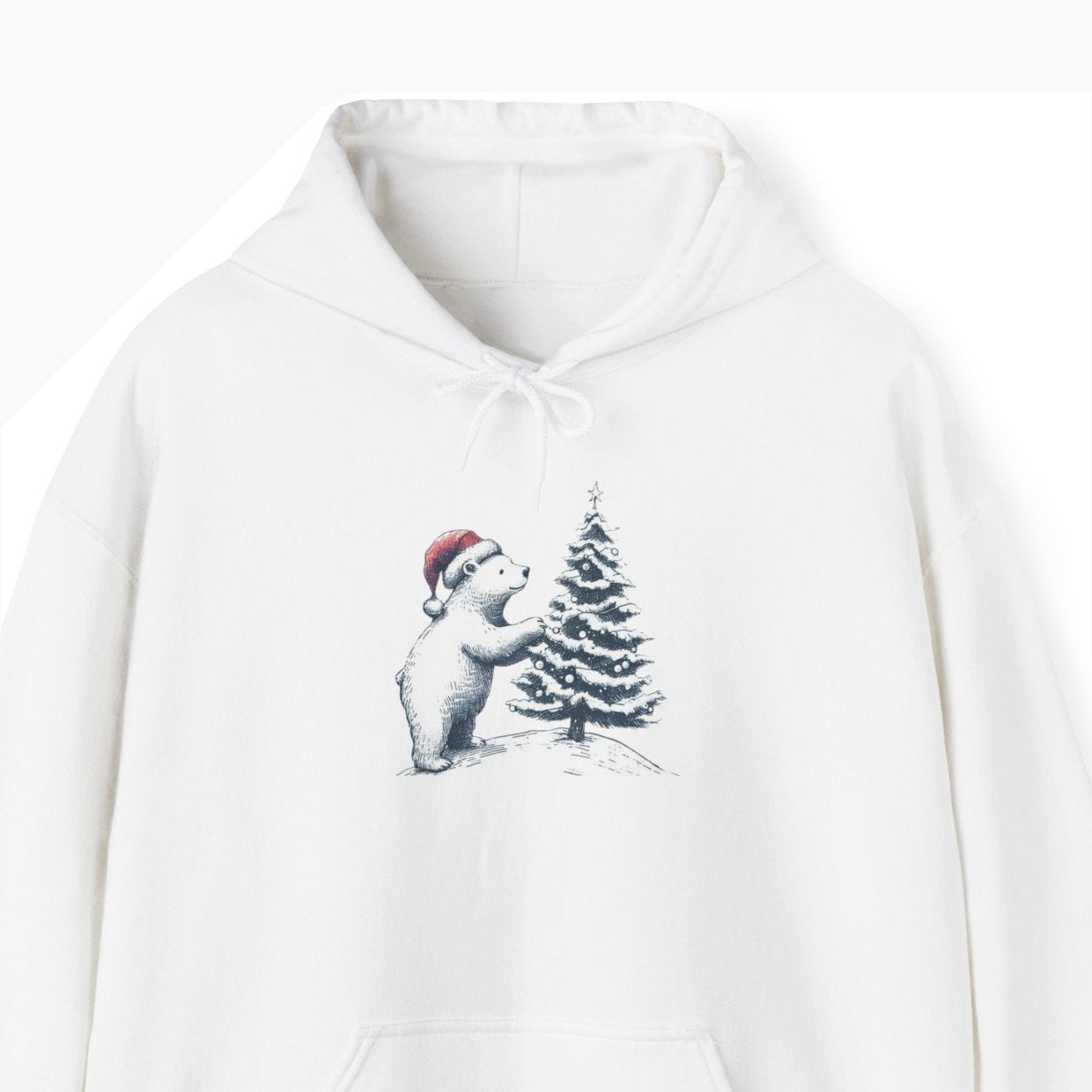White hoodie with a graphic of a bear wearing a Santa hat and hugging a Christmas tree on a white background.