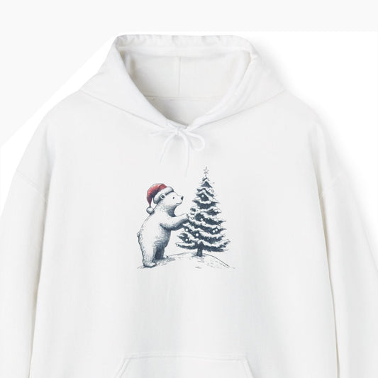 White hoodie with a graphic of a bear wearing a Santa hat and hugging a Christmas tree on a white background.