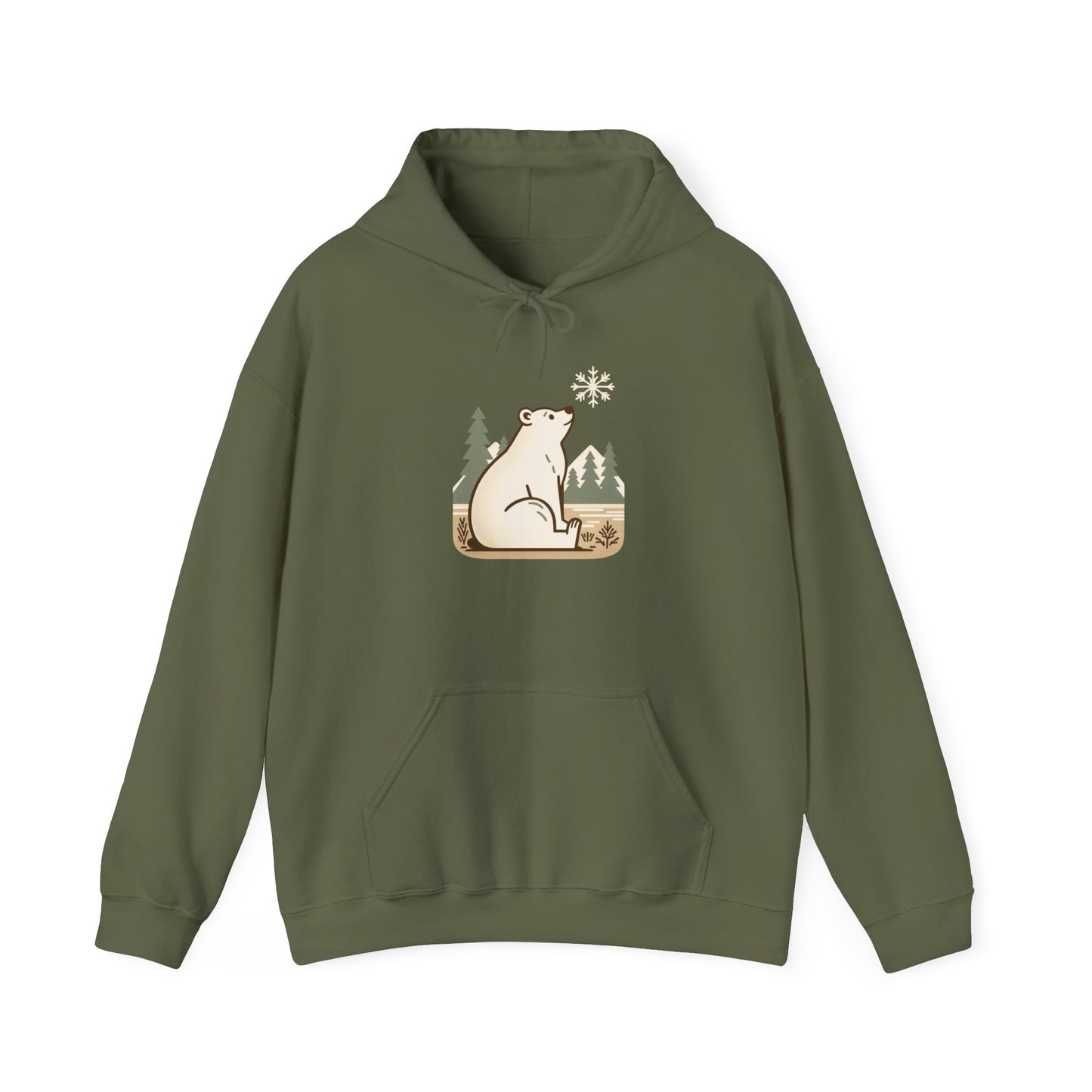 Green hoodie with a bear graphic on a white background