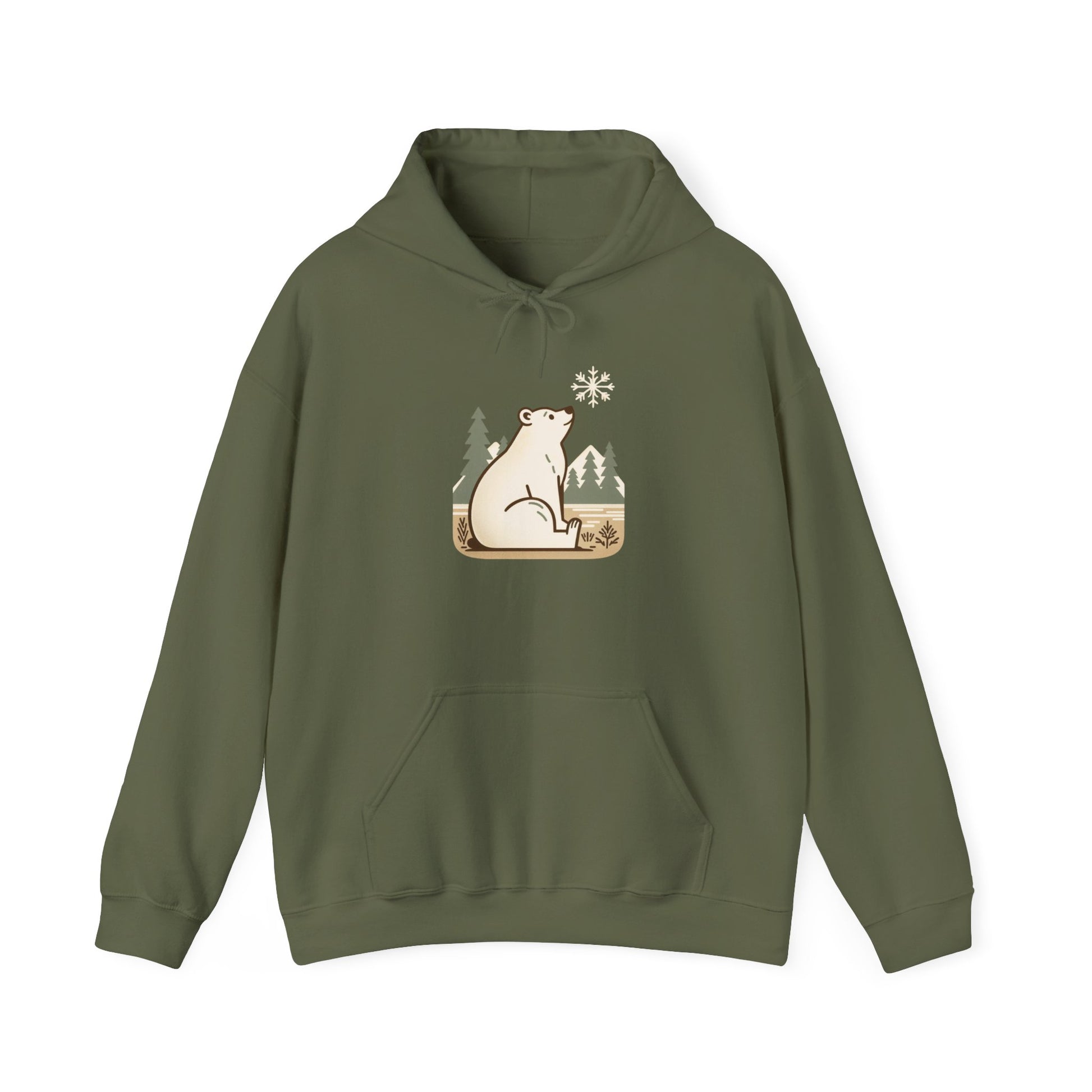 Green hoodie with a bear graphic on a white background