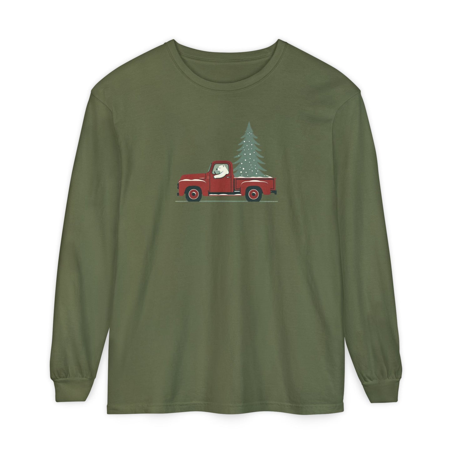 Polar Bear Evergreen Run, Vintage Red Christmas Truck Comfort Colors Long Sleeve Tee
