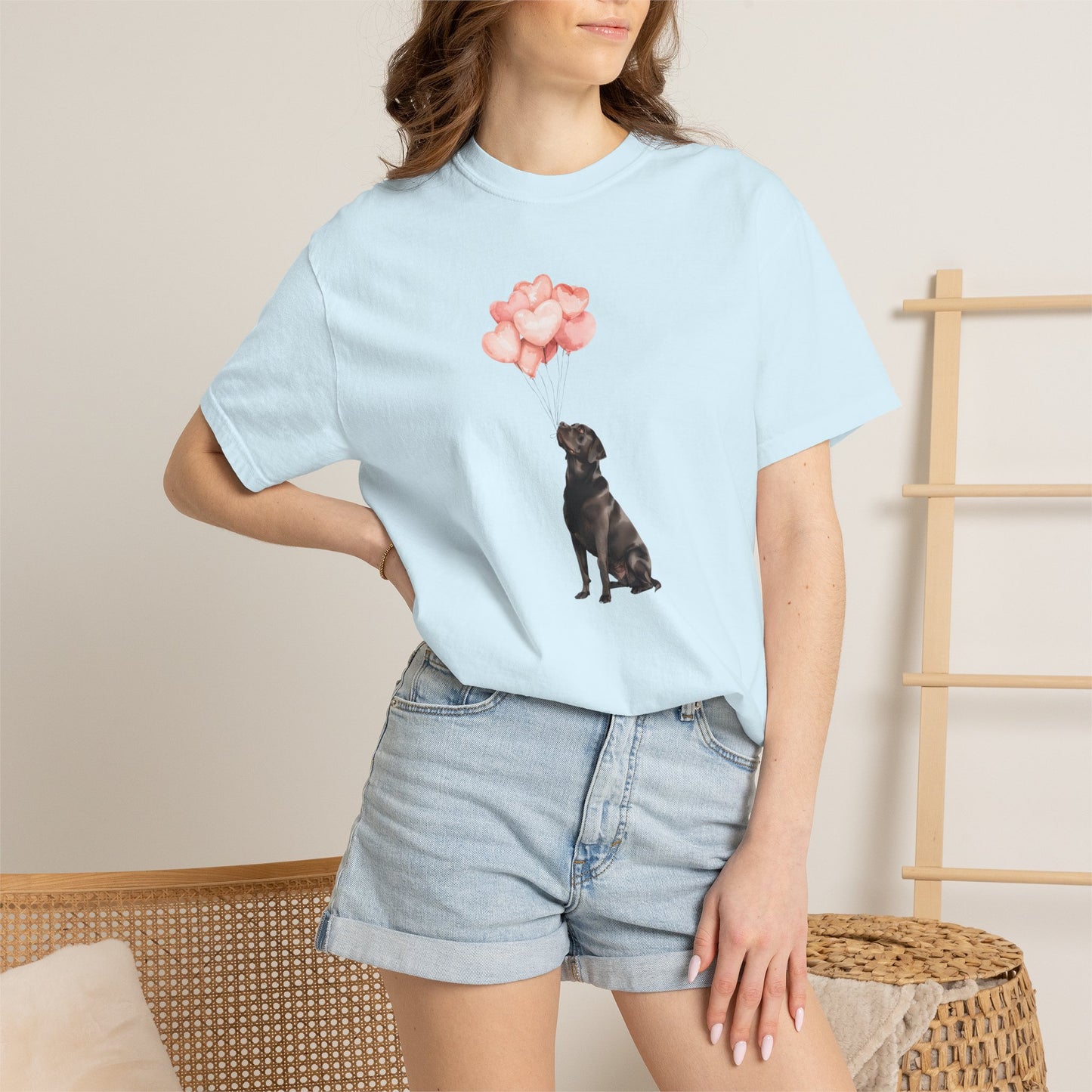Black Labrador with Heart Balloons Comfort Colors Tee