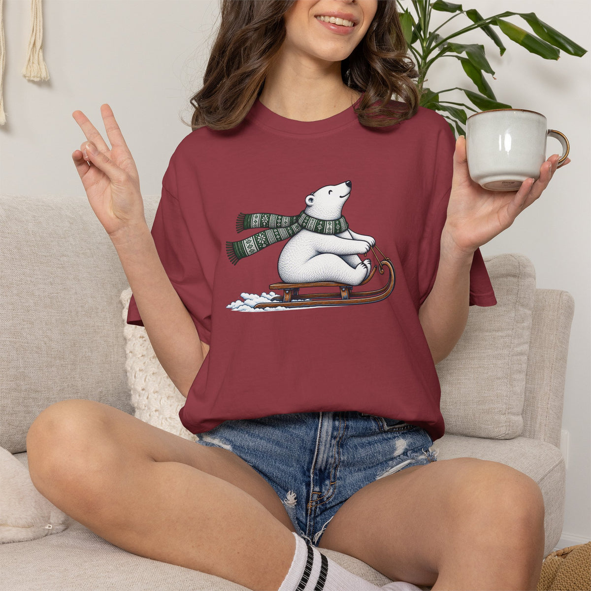 Sledding Polar Bear Comfort Colors Tee | Cozy Winter Bear Shirt