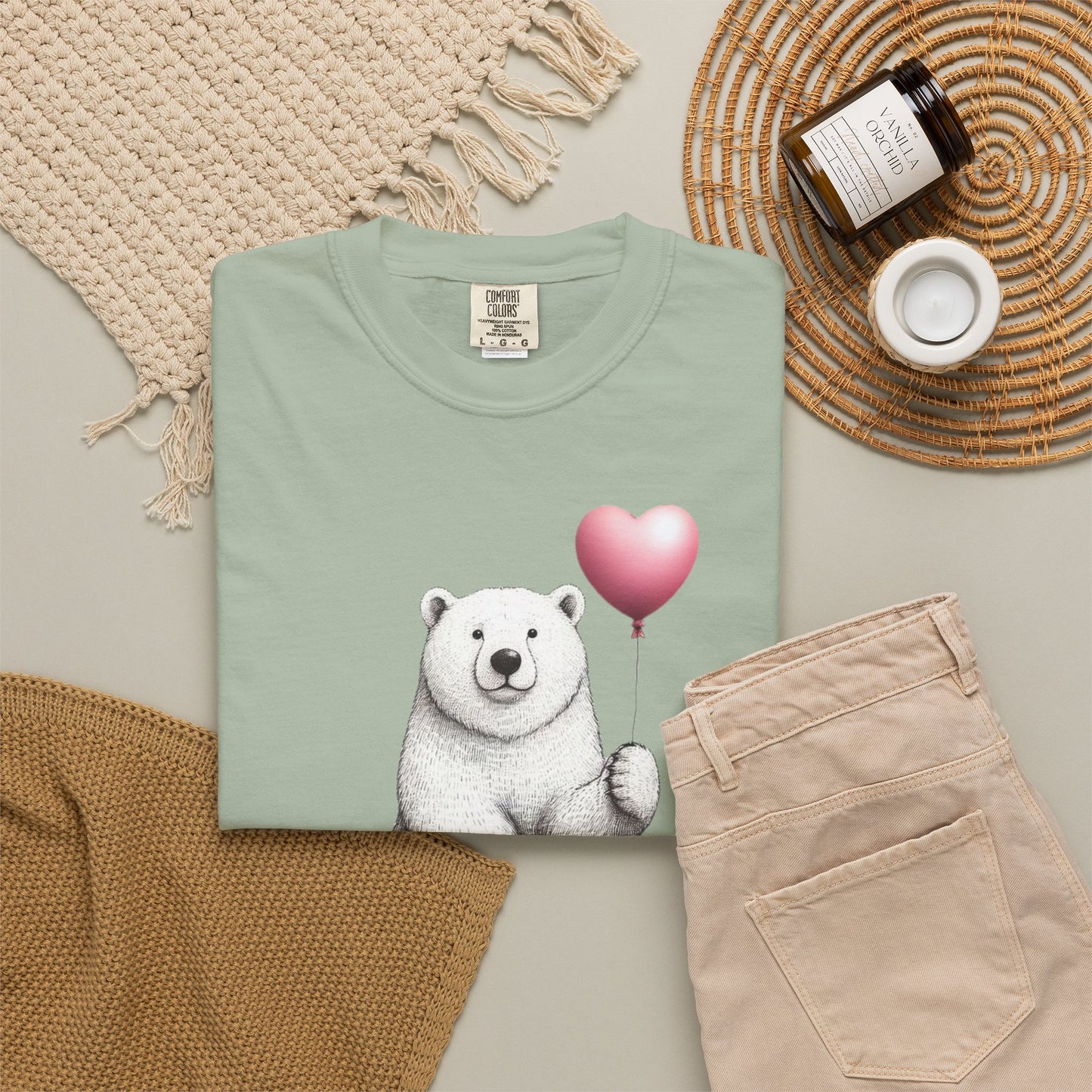 Sketch Polar Bear Heart Balloon Comfort Colors Tee