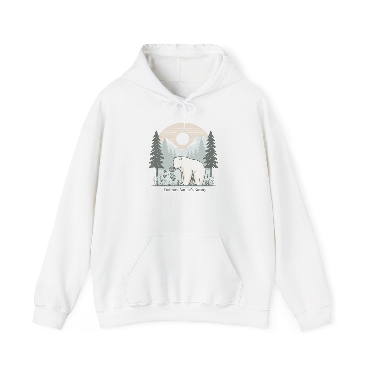 White hoodie with a bear and tree design on a white background