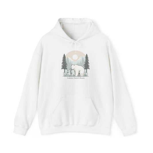 White hoodie with a bear and tree design on a white background