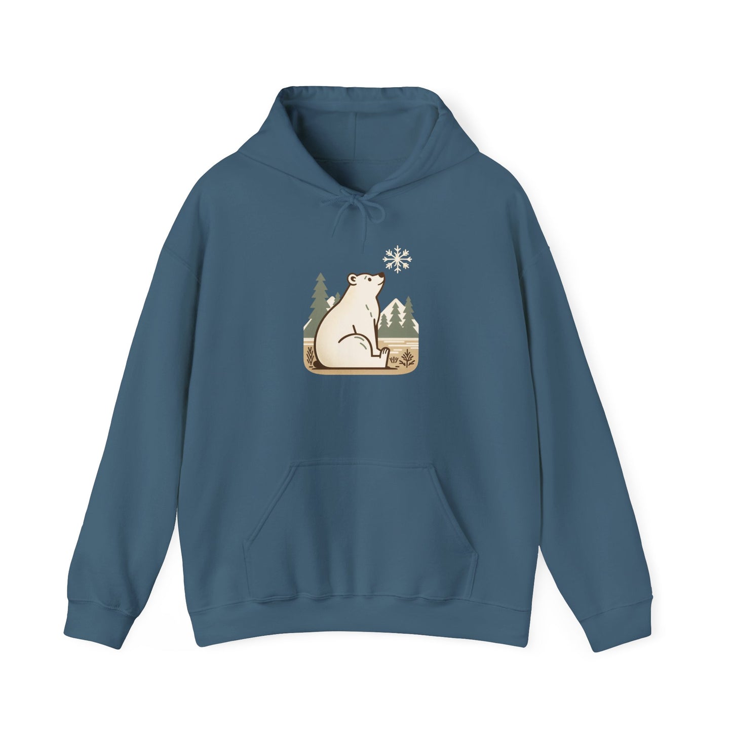 Polar Bear in Pines Hoodie, Heavyweight Winter Sweatshirt, Minimalist Nature Graphic