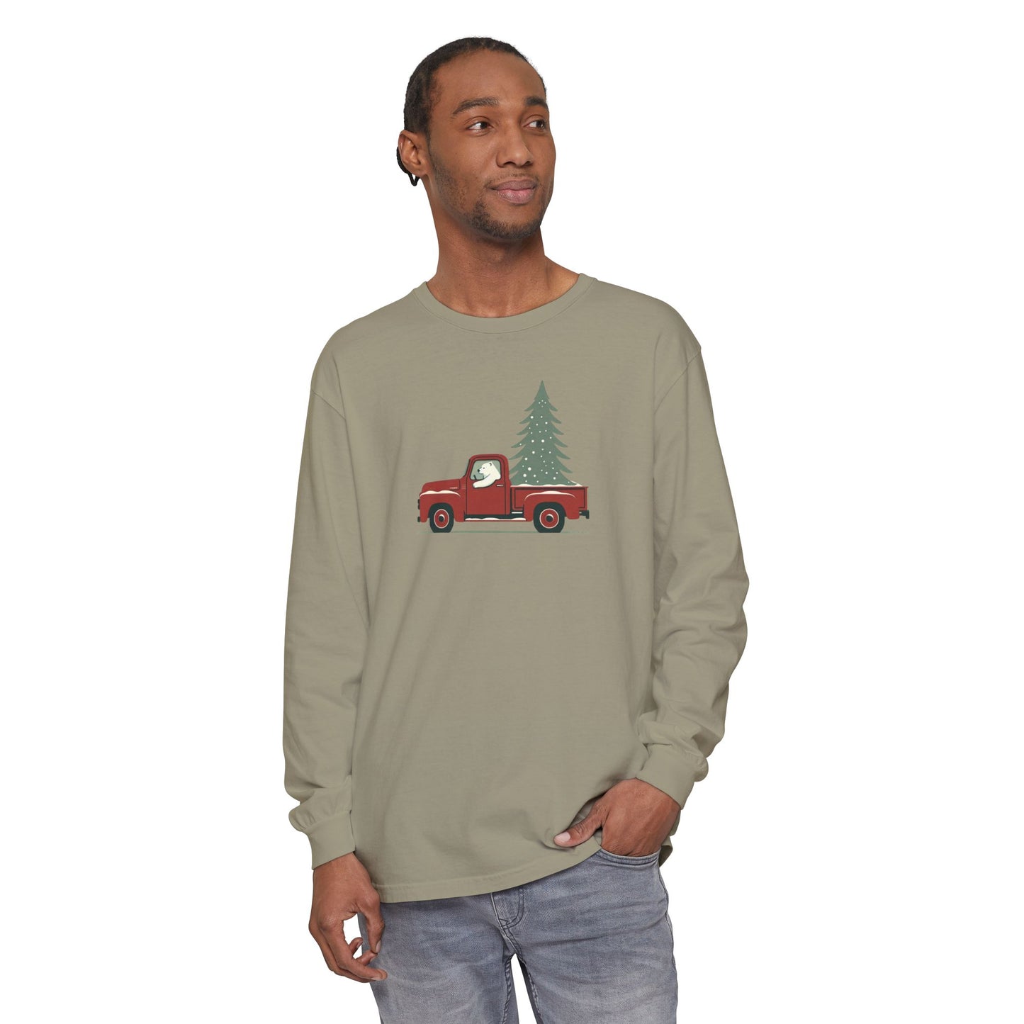 Polar Bear Evergreen Run, Vintage Red Christmas Truck Comfort Colors Long Sleeve Tee