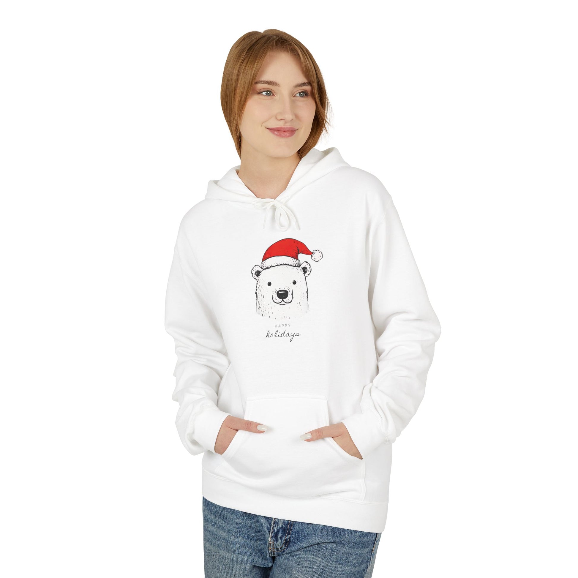 Person wearing a white hoodie with a polar bear design and Santa hat on a white background