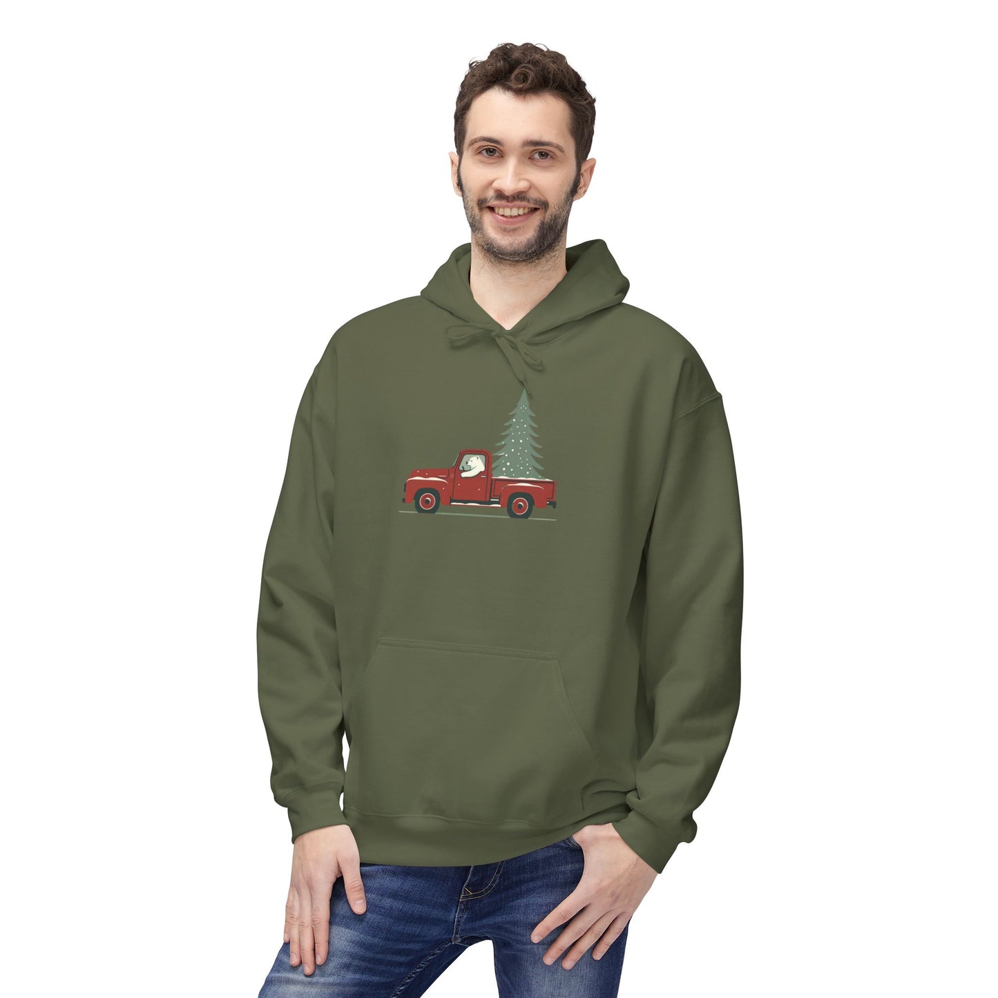 Polar Bear Evergreen Run, Vintage Red Christmas Truck Midweight Hoodie