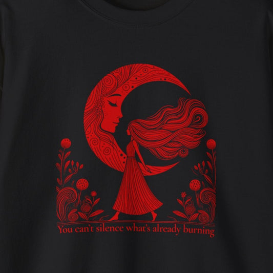 Black sweatshirt with red graphic design on a white background