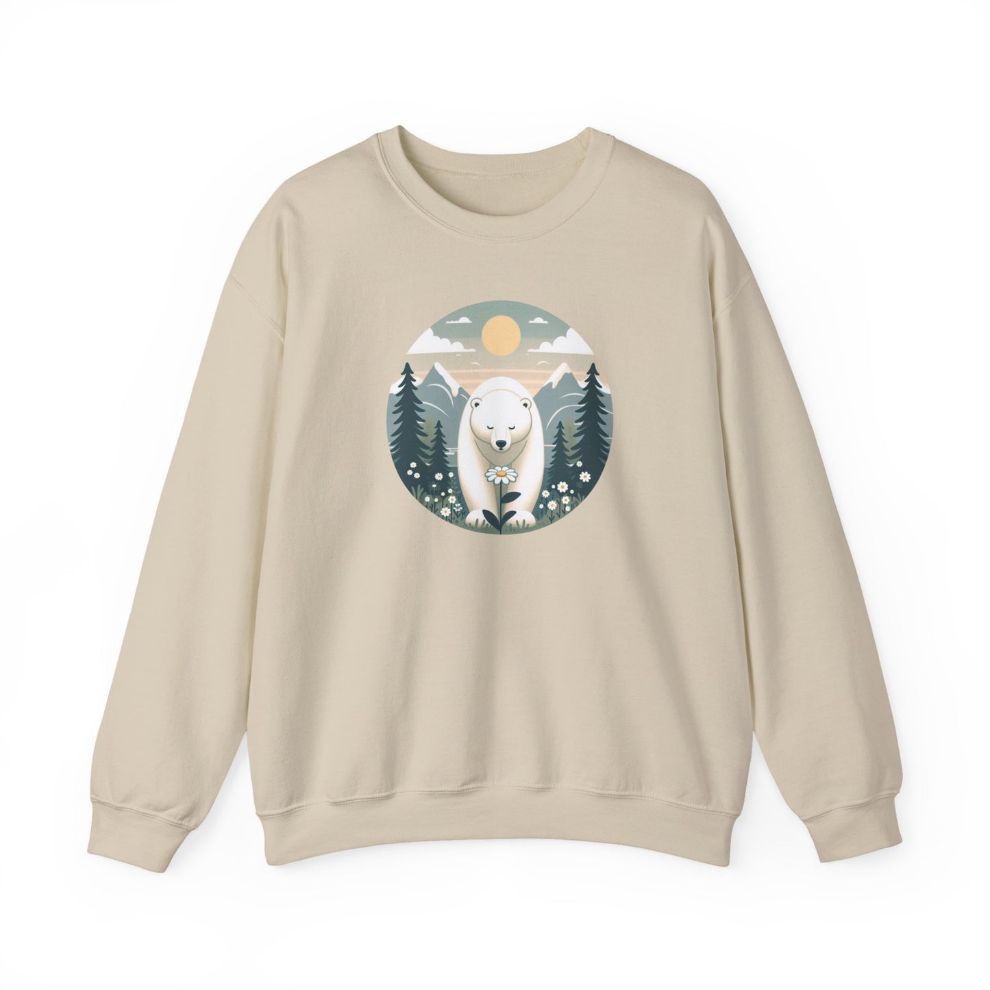 Beige sweatshirt with a polar bear graphic on a white background