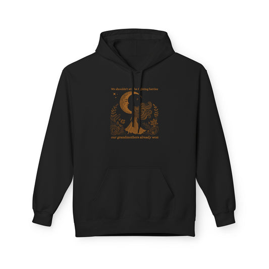 Black hoodie with a graphic design on a white background