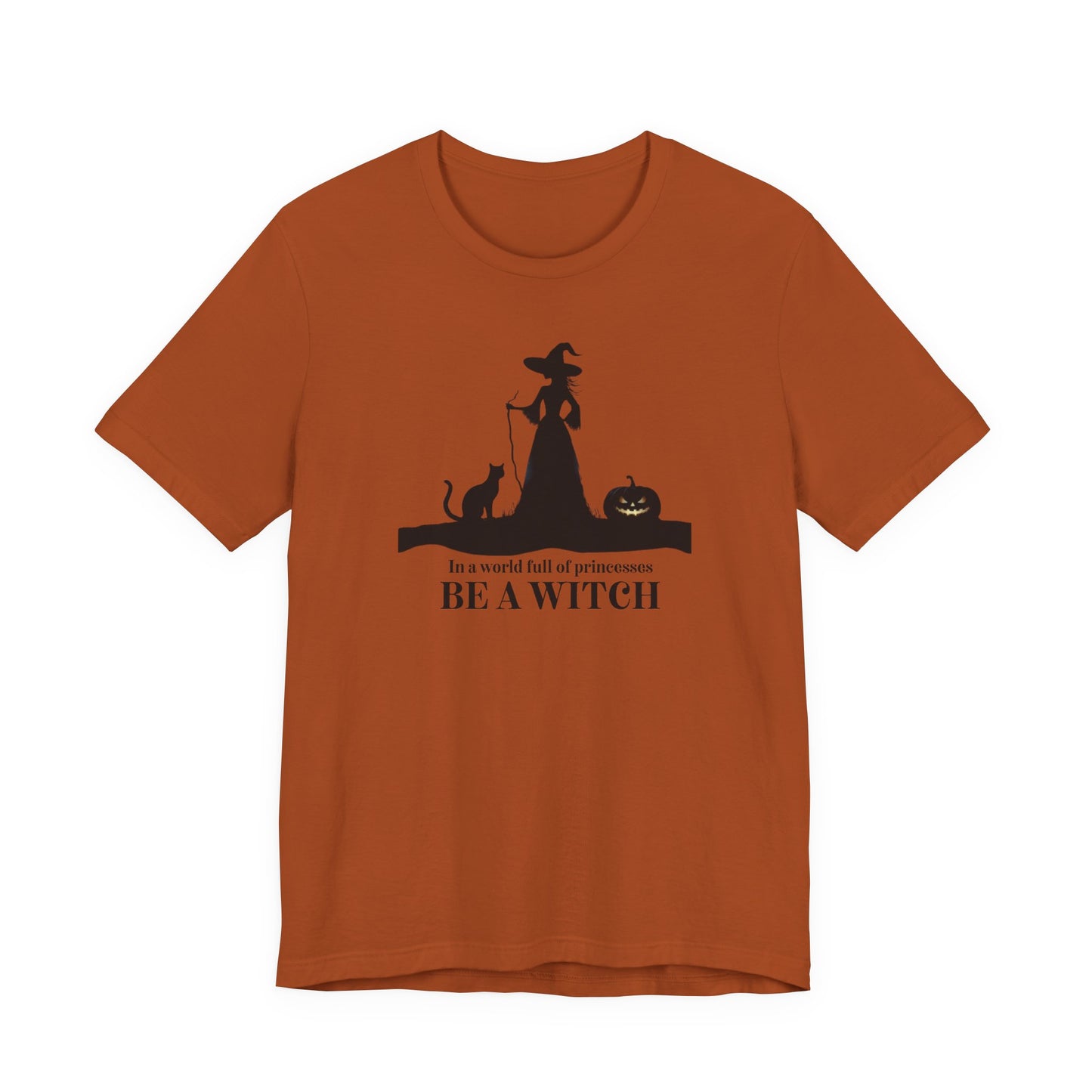 Rust orange feminist Halloween t-shirt with witch silhouette graphic – cozy spooky season tee by Stompy Paws