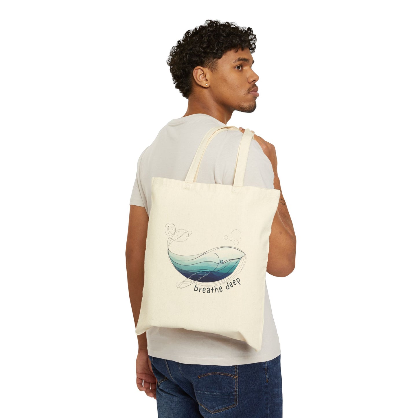Breathe Deep Whale Tote Bag, Ocean Inspired Eco-Friendly Reusable Shopping Bag, Mindful Living Beach Tote