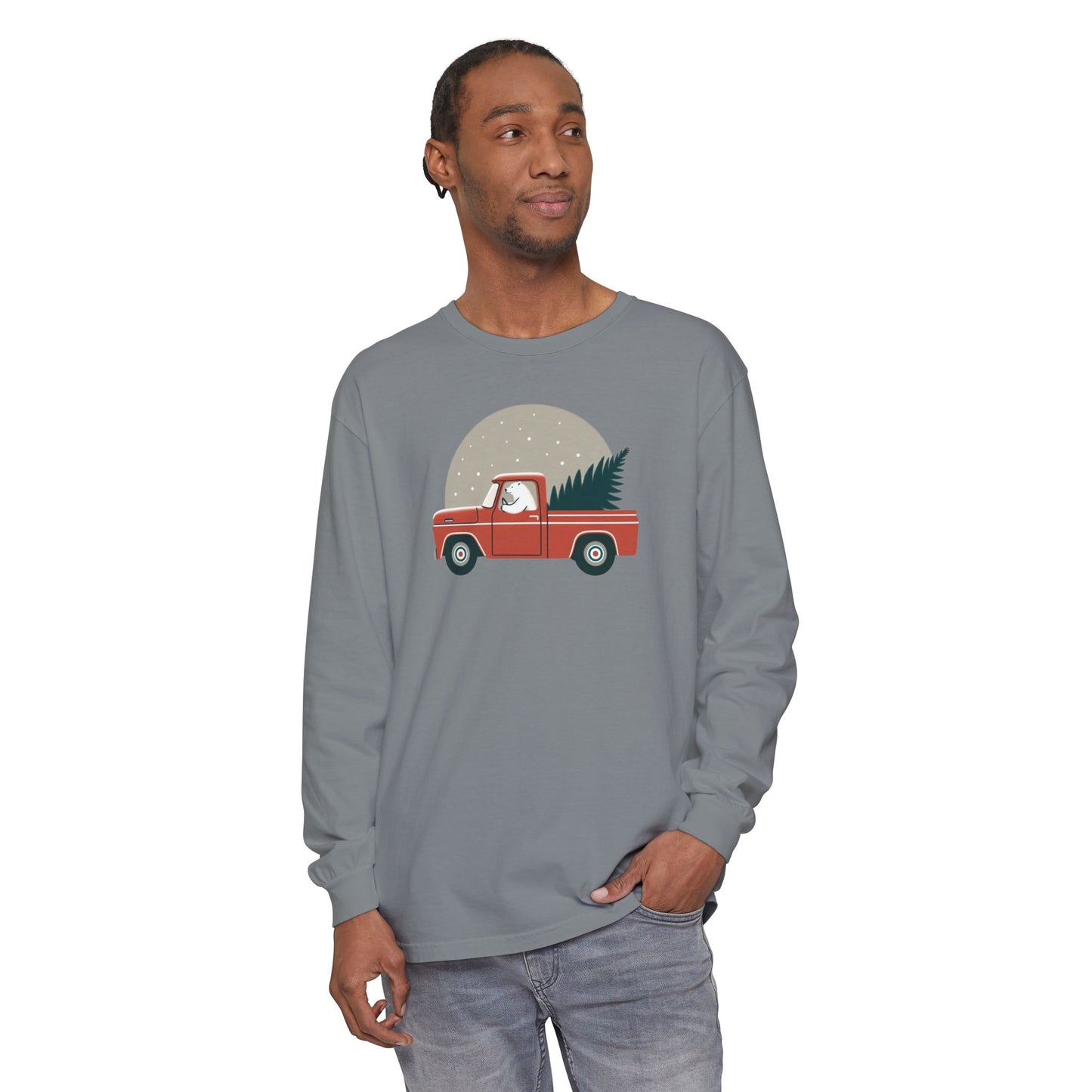 Moonlit Haul, Polar Bear Christmas Truck Design Long Sleeve Comfort Colors