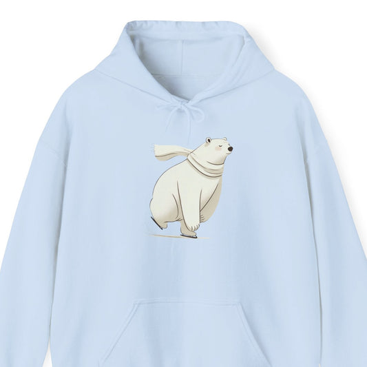 Light blue hoodie with a polar bear graphic on a white background