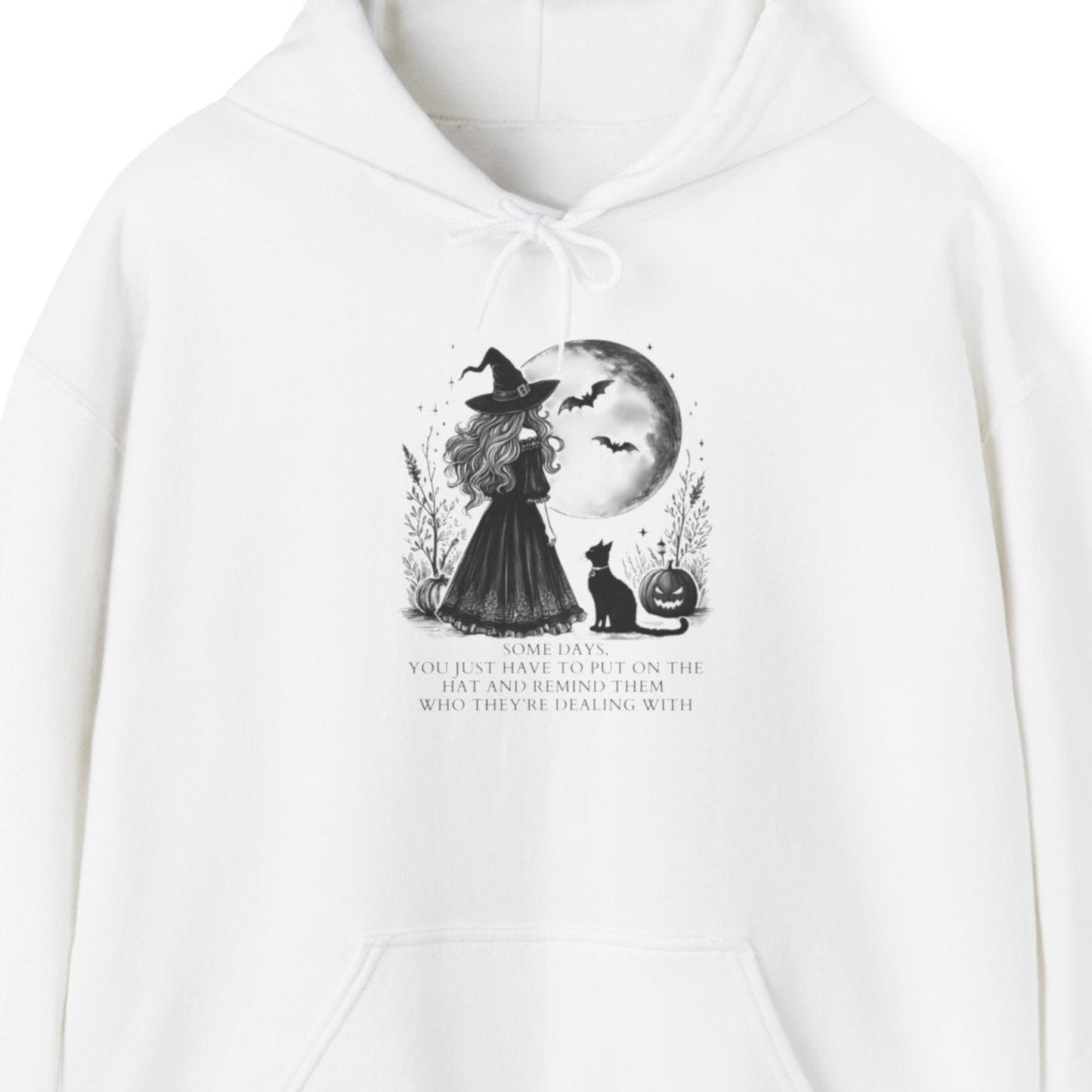 White hoodie with a graphic design and text on a white background