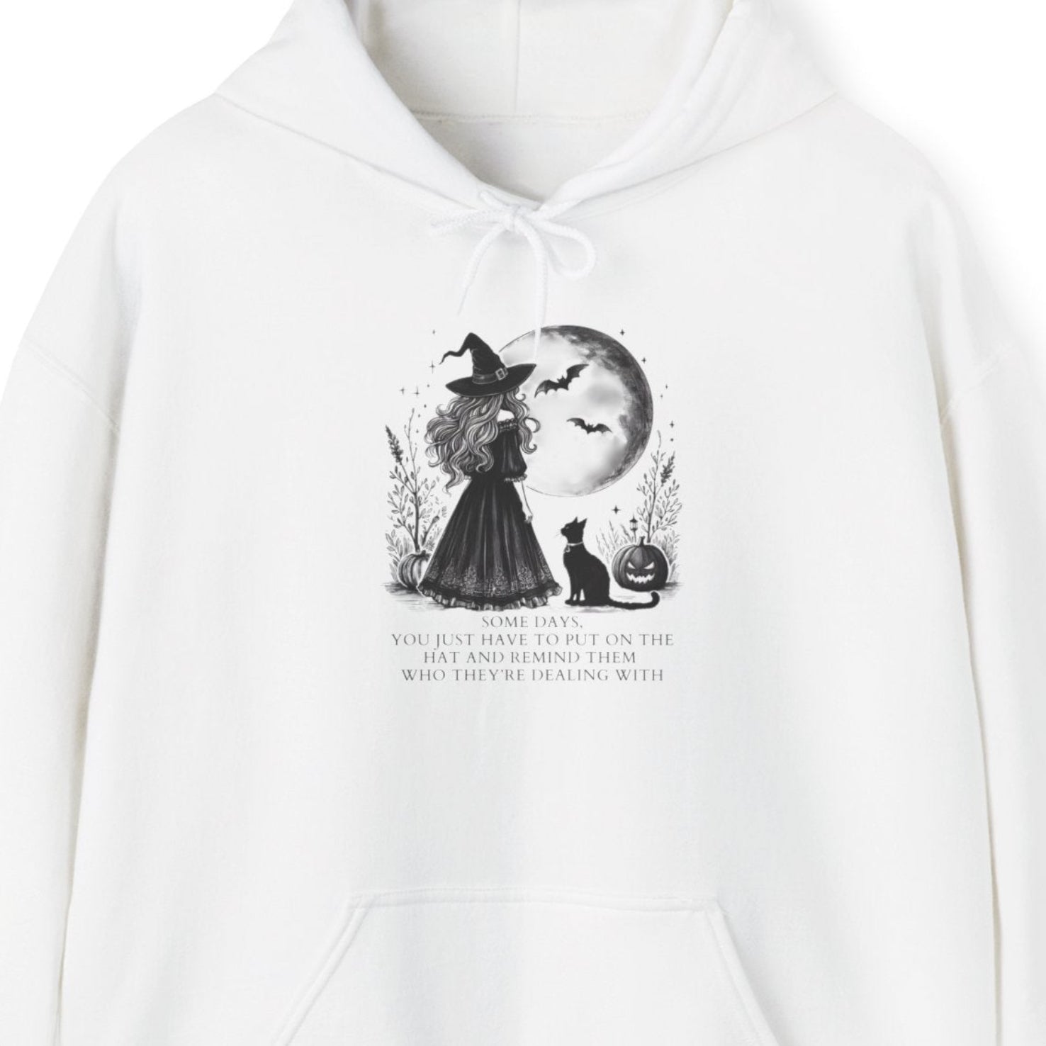 White hoodie with a graphic design and text on a white background
