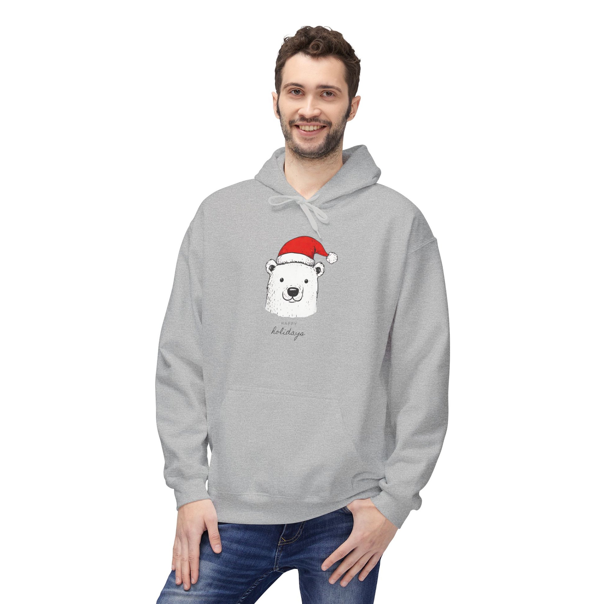 Man wearing a gray hoodie with a polar bear design on a white background