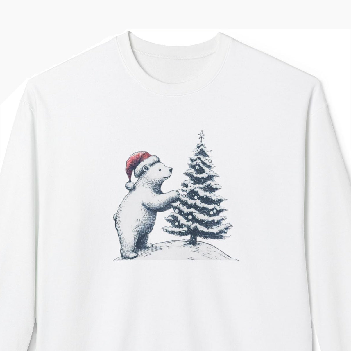 White sweatshirt with a graphic of a polar bear in a Santa hat holding a Christmas tree on a white background