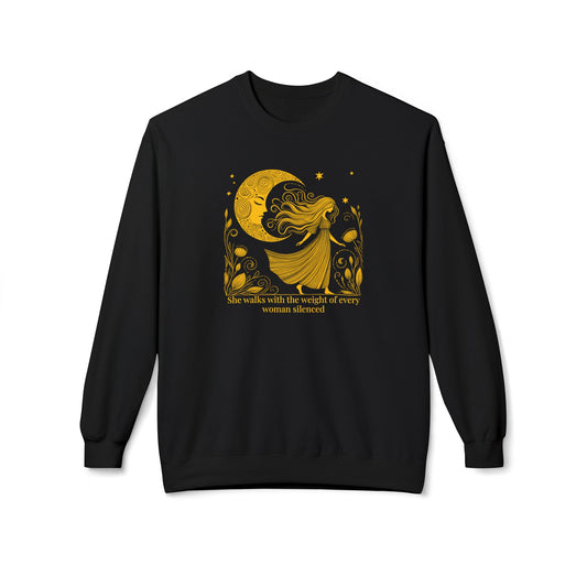 She Walks With The Weight of Every Woman Silenced | Feminist Sweatshirt