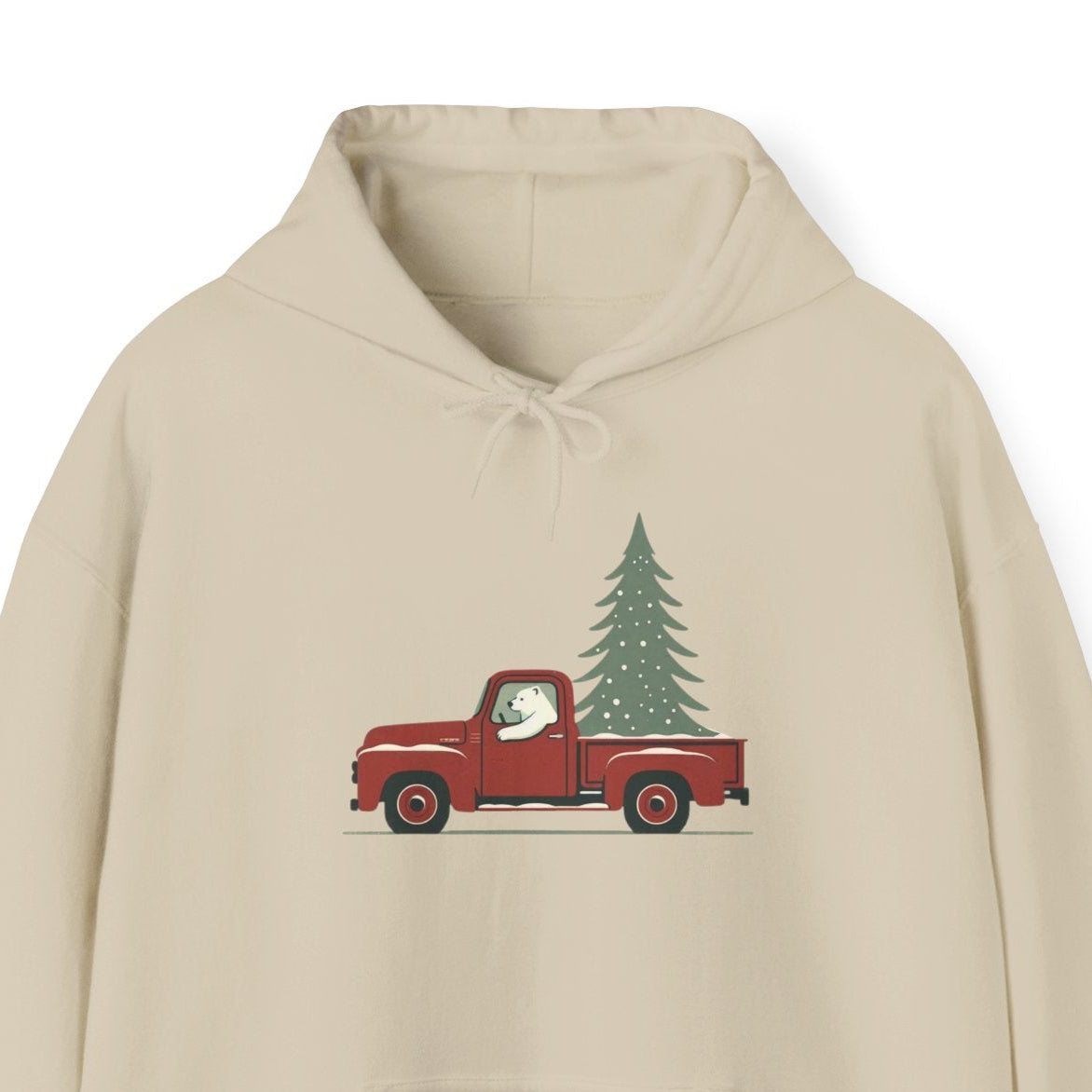 Beige hoodie with a red truck and Christmas tree design on a white background