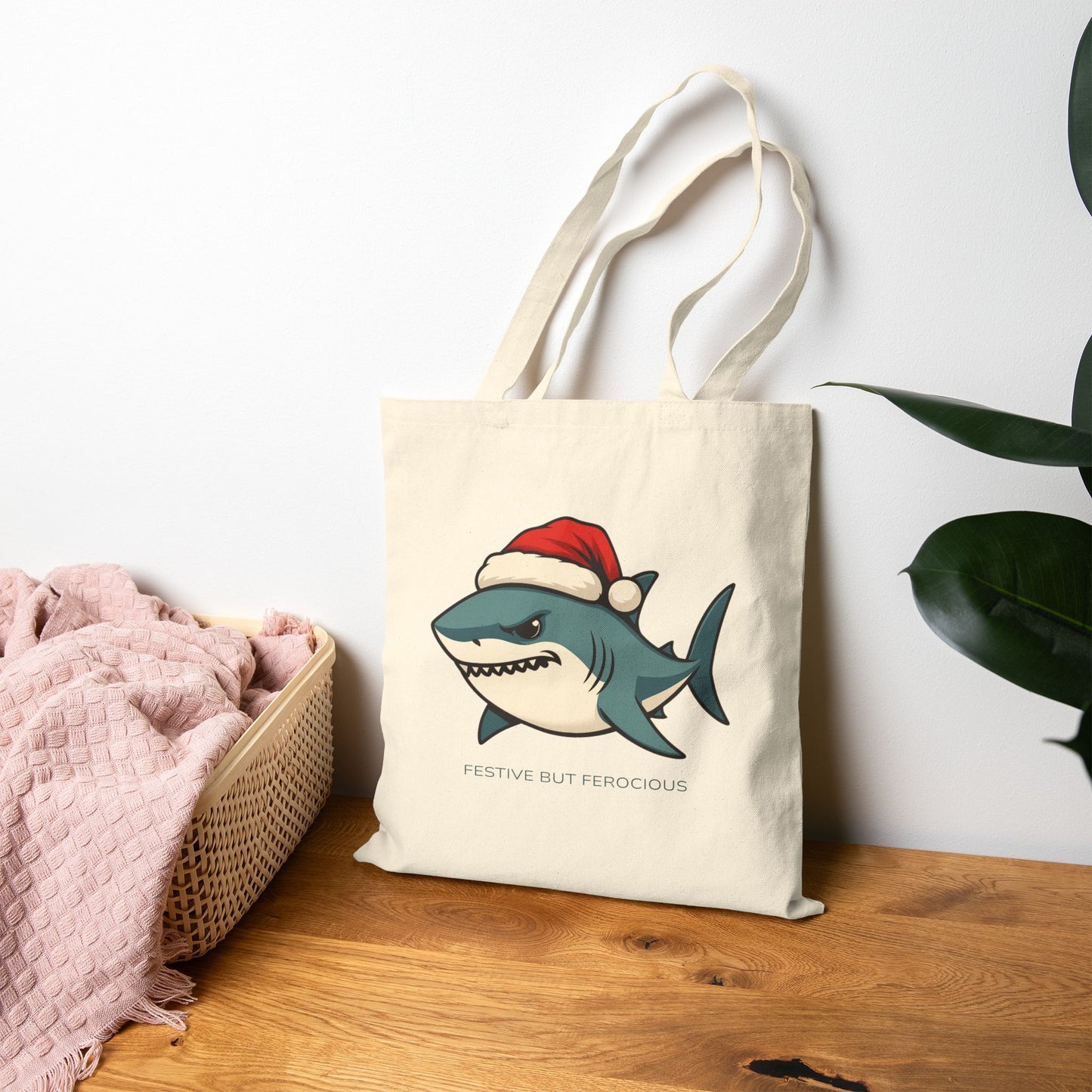 Festive but Ferocious Shark Tote Bag Funny Christmas Holiday Gift