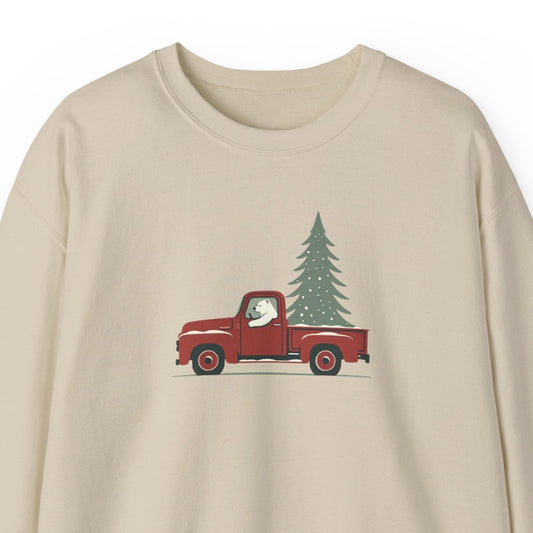 Beige sweatshirt with a red truck and Christmas tree design on a white background