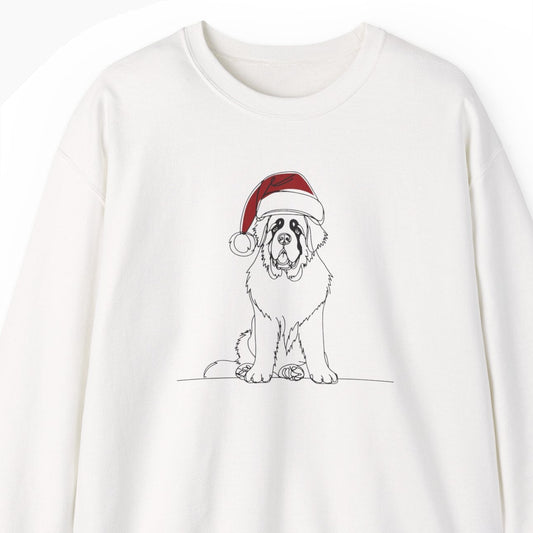 White sweatshirt with a Saint Bernard dog wearing a Santa hat graphic on a white background