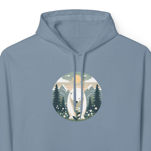 Blue hoodie with a polar bear and forest design on a white background