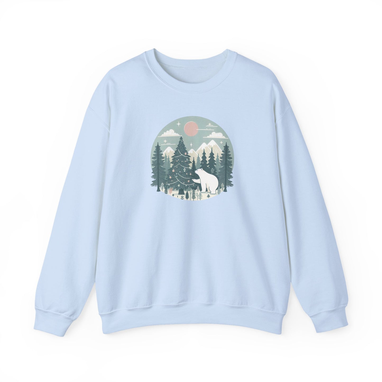 Polar Bear Decorating the Christmas Tree- Winter Forest Graphic Crewneck
