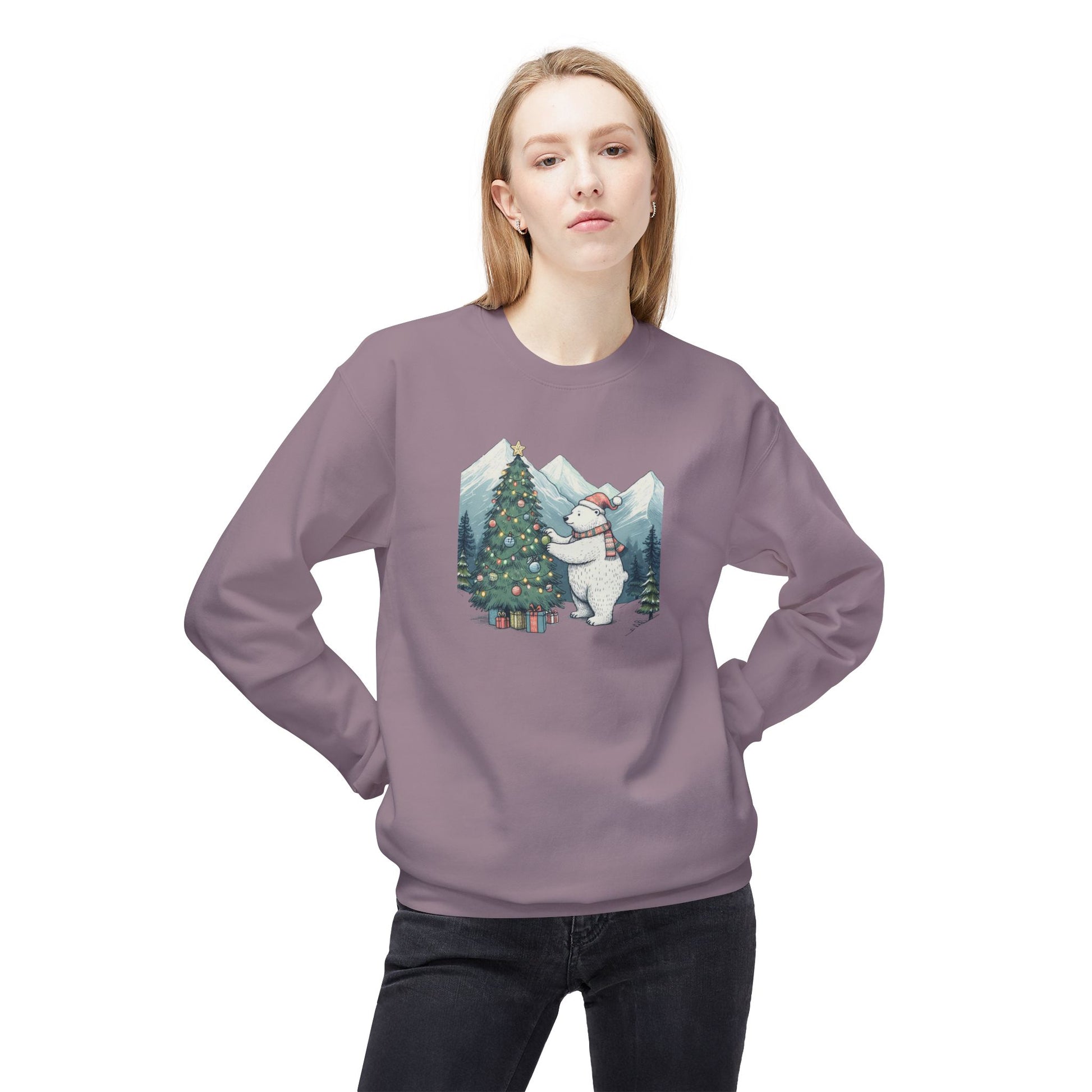 Person wearing a purple sweatshirt with a Christmas-themed design on a white background