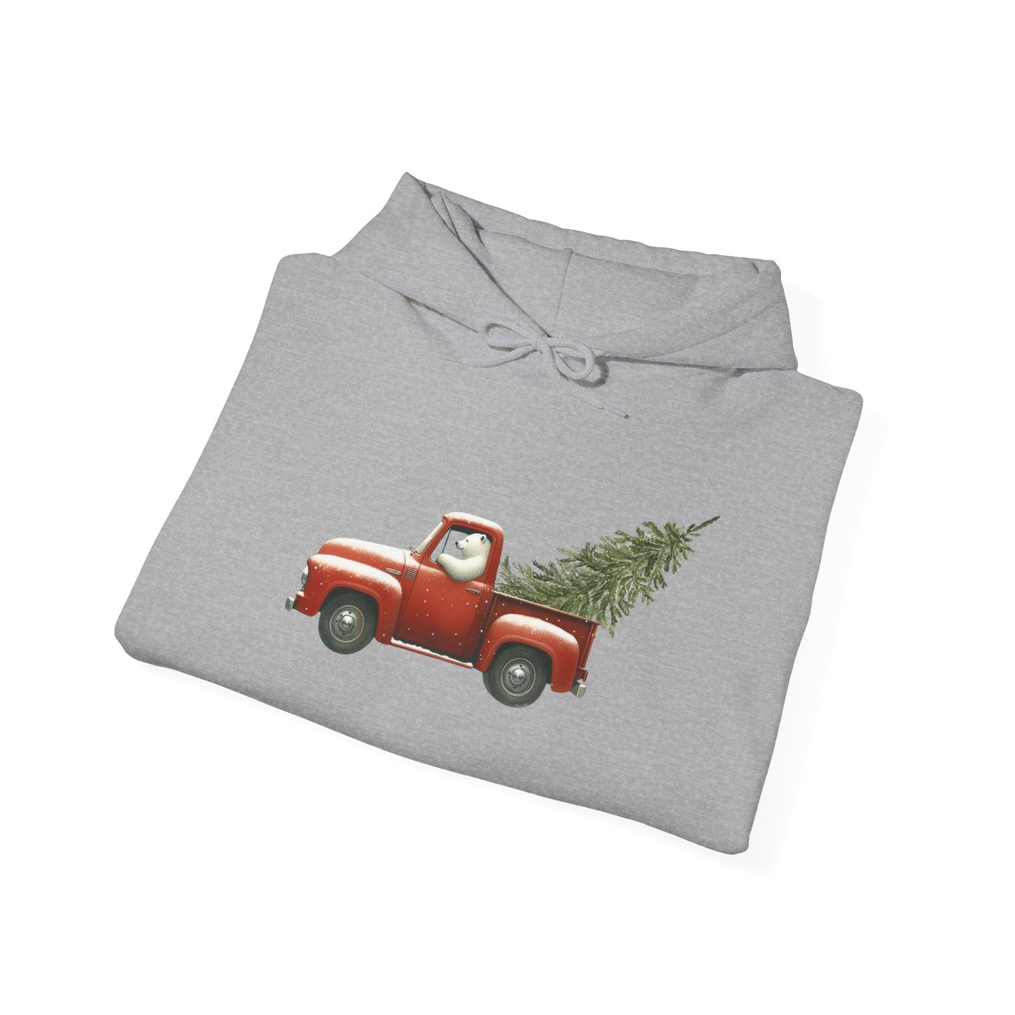 Snowy Christmas Ride, Polar Bear Red Truck Design Heavyweight Hoodie