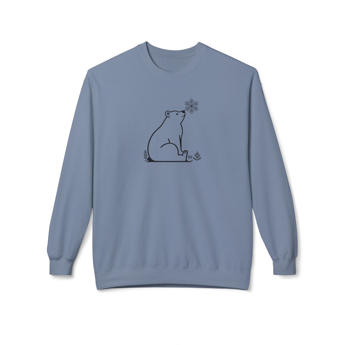 Blue sweatshirt with a bear and flower design on a white background